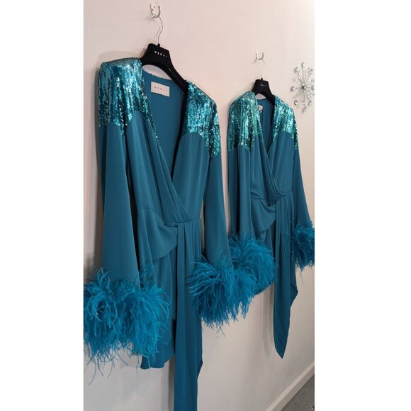 NWT Nervi Pami Teal Mini Dress with Sequin & Ostrich Feather Cuffs - Picture 10 of 12